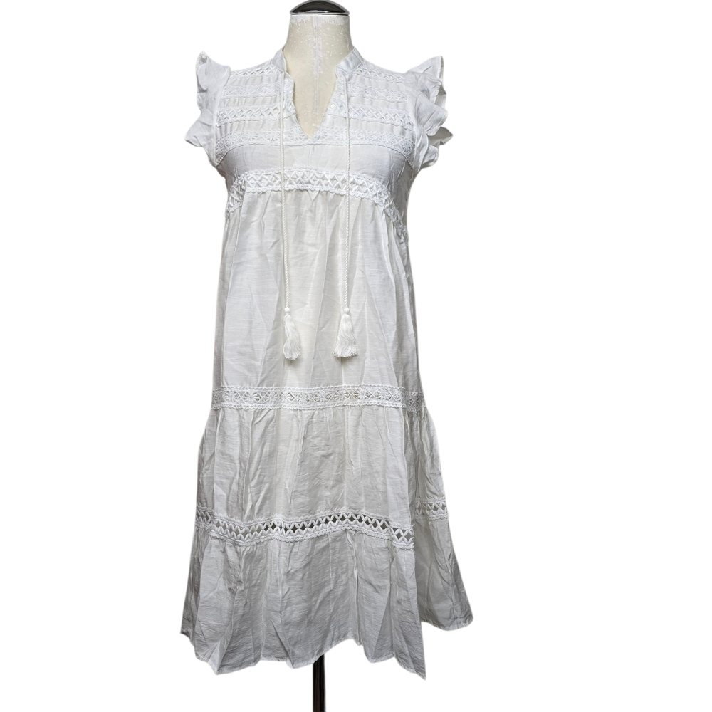 White Eyelet Lace Tiered Midi Dress Boho Cottagecore Peasant Style Ruffle Tassel